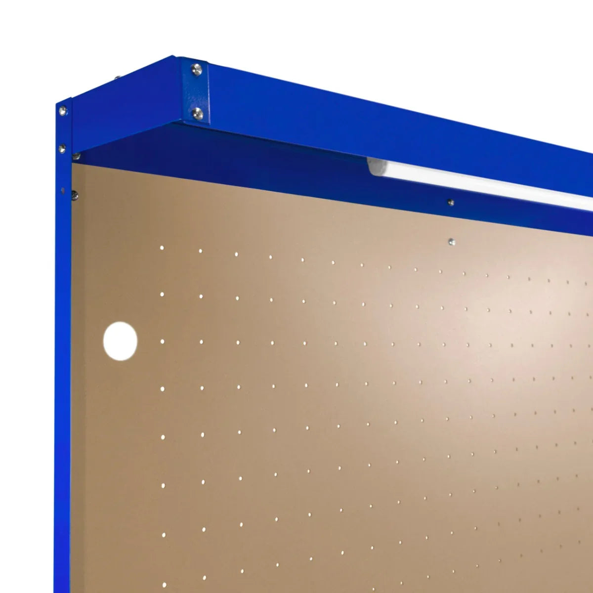 Blue workbench with pegboard, integrated light, and drawer, featuring a smooth surface and sturdy metal construction for organization