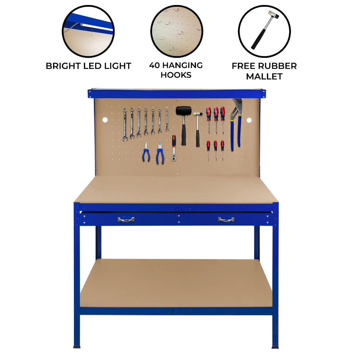 Workbench with Pegboard, Drawer & Light – Blue