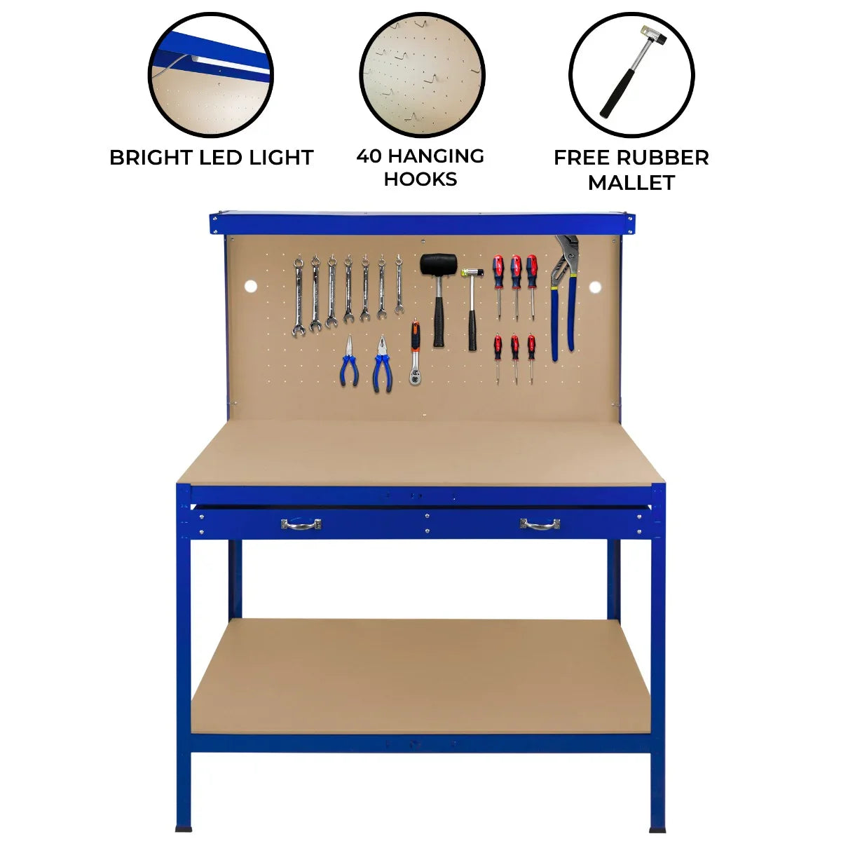 Blue workbench featuring a pegboard with tools, a drawer, and a bright LED light, ideal for organization and workspace efficiency
