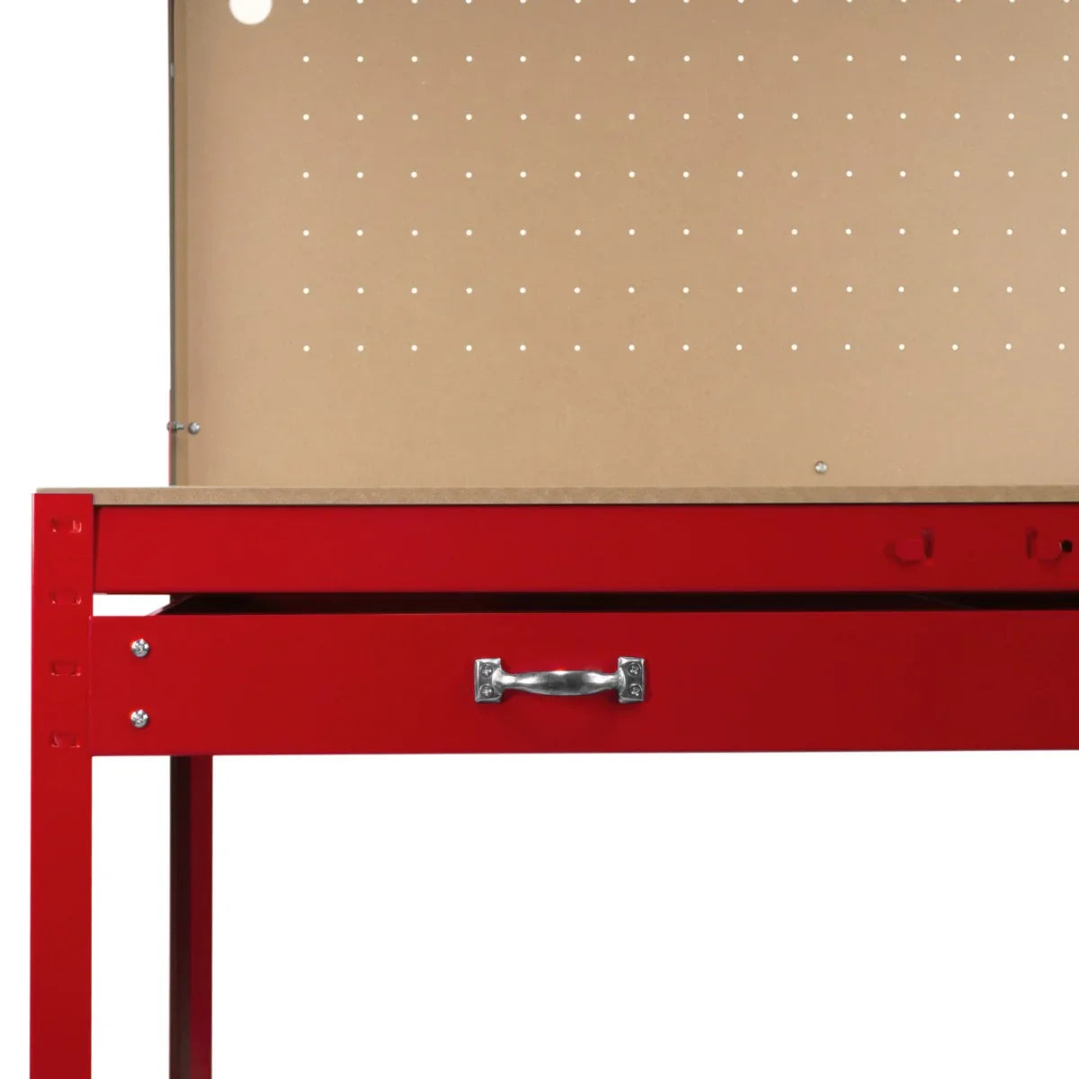 Red workbench featuring a pegboard back, a spacious drawer, and a sturdy surface, ideal for organizing tools and workspace