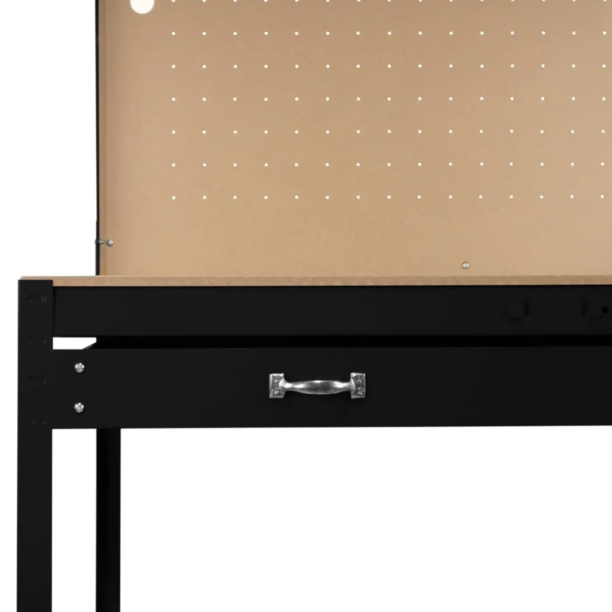 Black workbench featuring a pegboard back, a spacious drawer, and integrated lighting for enhanced workspace organization