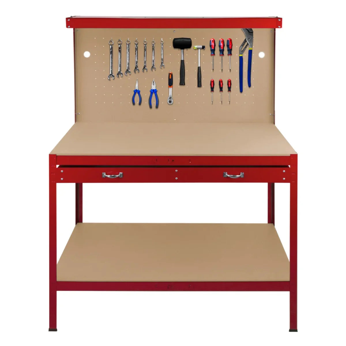 Red workbench featuring a pegboard with tools, a spacious drawer, and an overhead light for optimal workspace organization