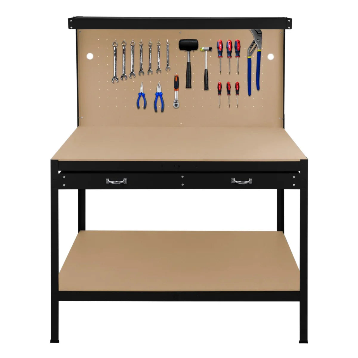 Black workbench featuring a pegboard with tools, a spacious drawer, and an overhead light for optimal workspace organization