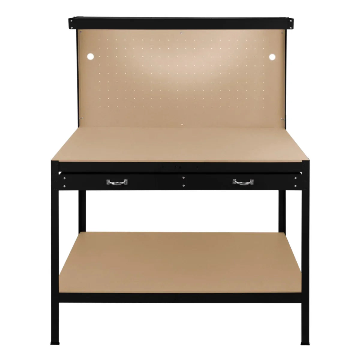 Black workbench featuring a pegboard back, two drawers, and a spacious light-colored work surface for versatile use