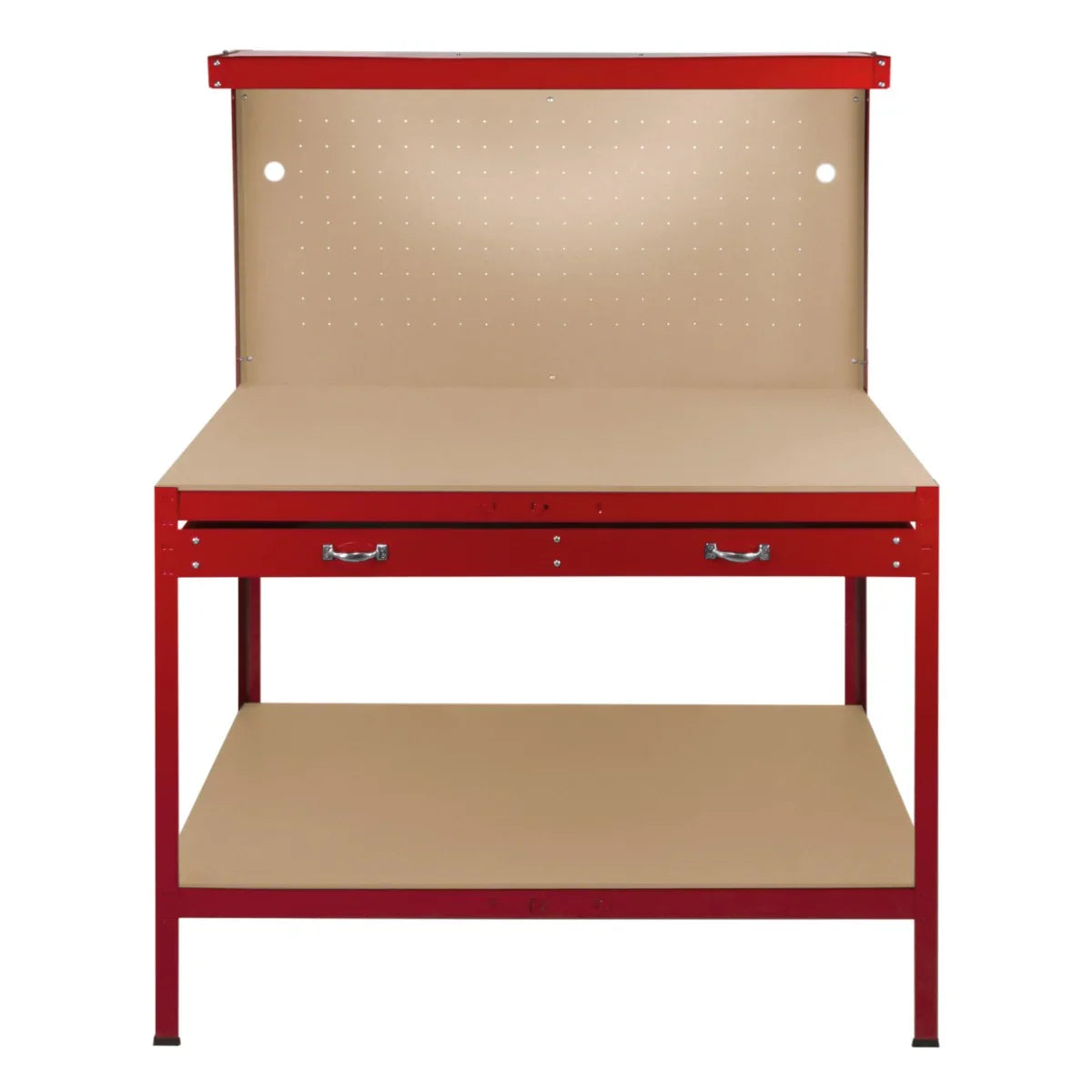 Red workbench featuring a pegboard back, two drawers, and a spacious surface, ideal for organization and workspace efficiency
