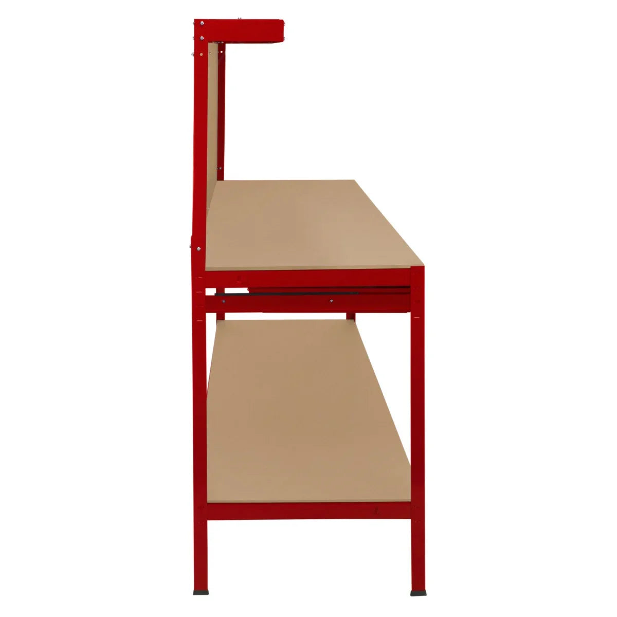 Red workbench featuring a sturdy design, pegboard for tools, a drawer for storage, and a built-in light for enhanced visibility