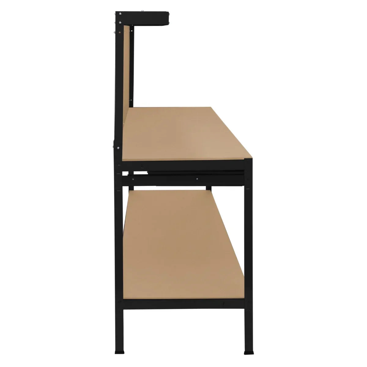 Black workbench featuring a sturdy design, smooth wooden surface, integrated pegboard, drawer, and overhead light for workspace organization