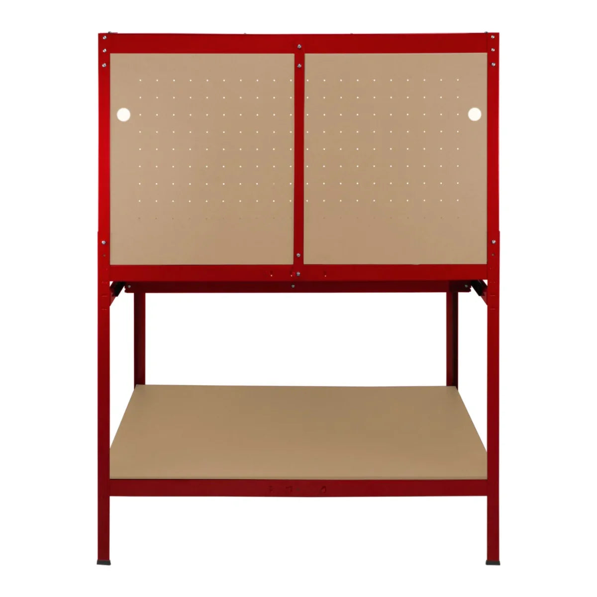 Red workbench featuring a pegboard back, spacious drawer, and integrated light, designed for efficient workspace organization