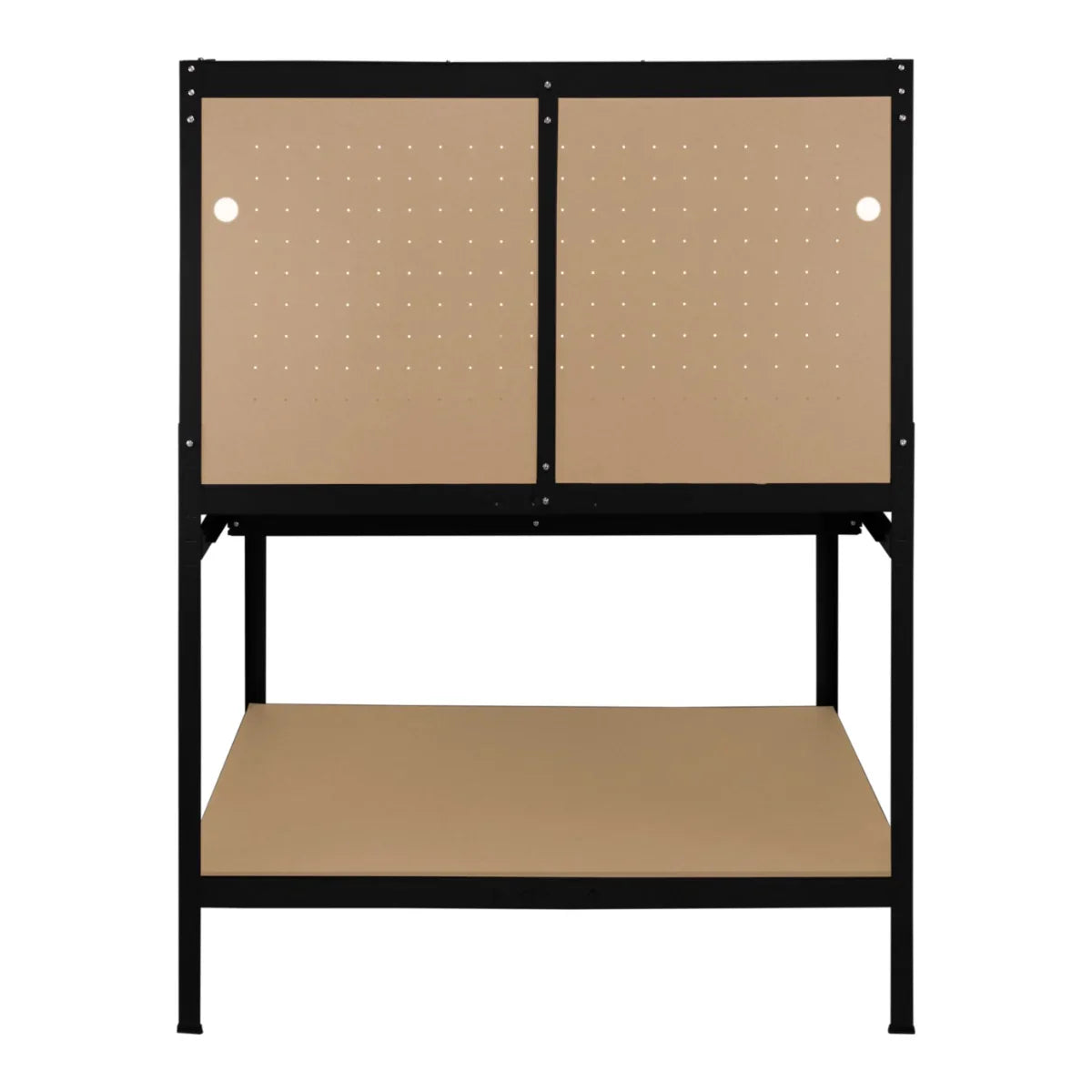 Black workbench featuring a pegboard back, spacious drawer, and integrated light, designed for efficient workspace organization