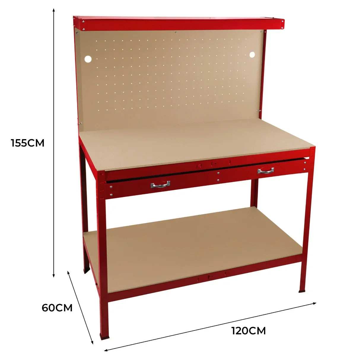 Red workbench with pegboard, drawer, and light, featuring a sturdy metal frame and a smooth, beige work surface, ideal for organization