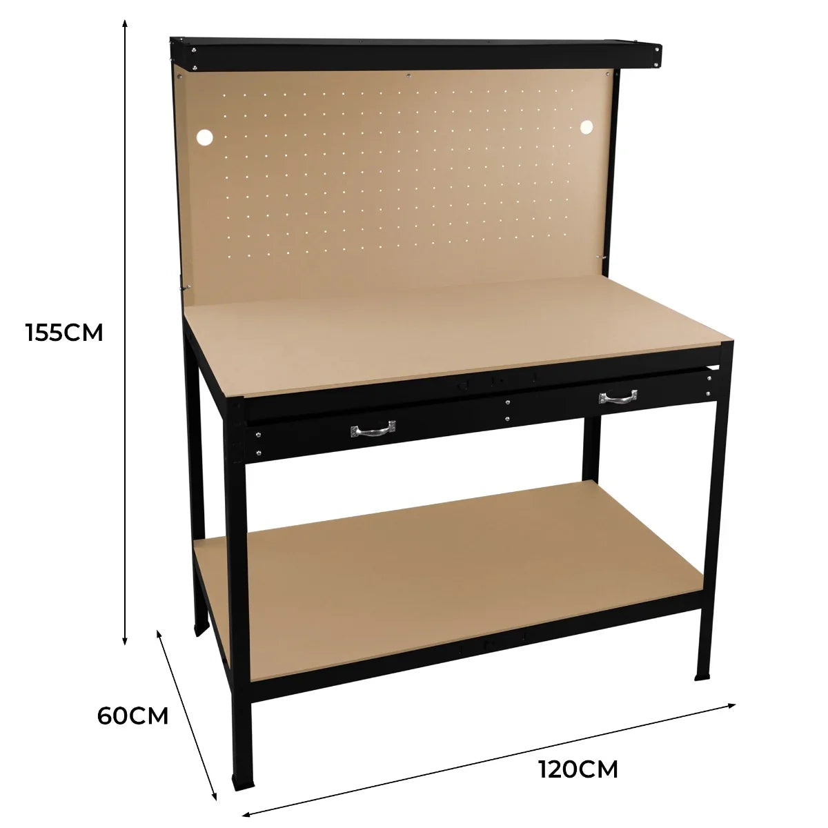 Black workbench featuring a pegboard back, two drawers, and an overhead light, with a sturdy metal frame and smooth surface