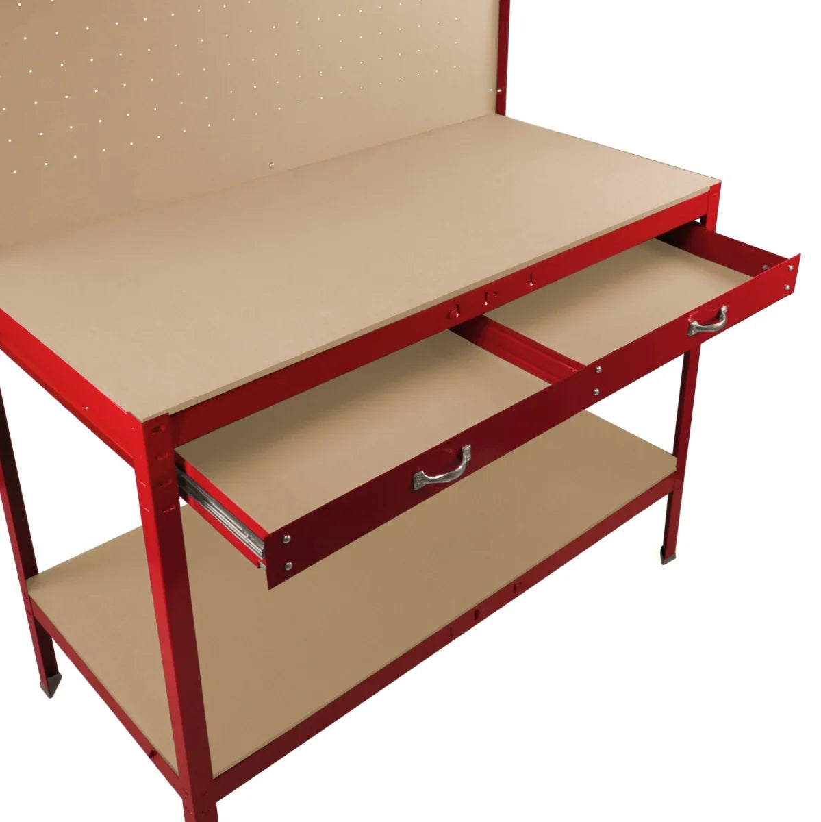 Red workbench featuring a pegboard, two spacious drawers, and a sturdy surface, ideal for organizing tools and workspace