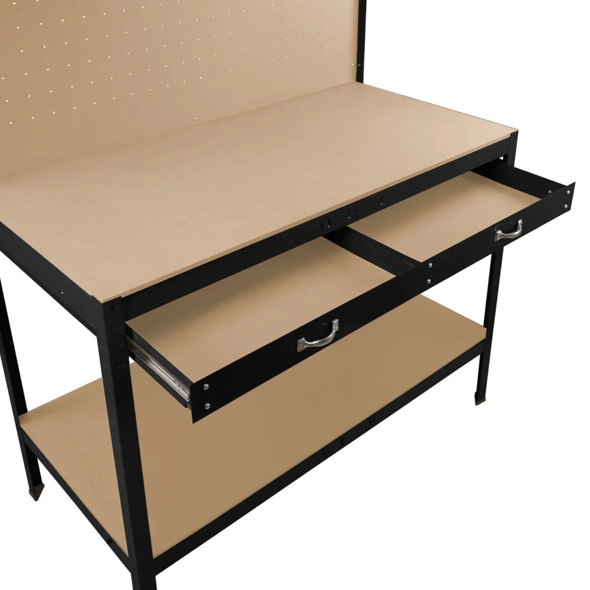 Black workbench featuring a pegboard, two spacious drawers, and a sturdy surface, ideal for organizing tools and workspace