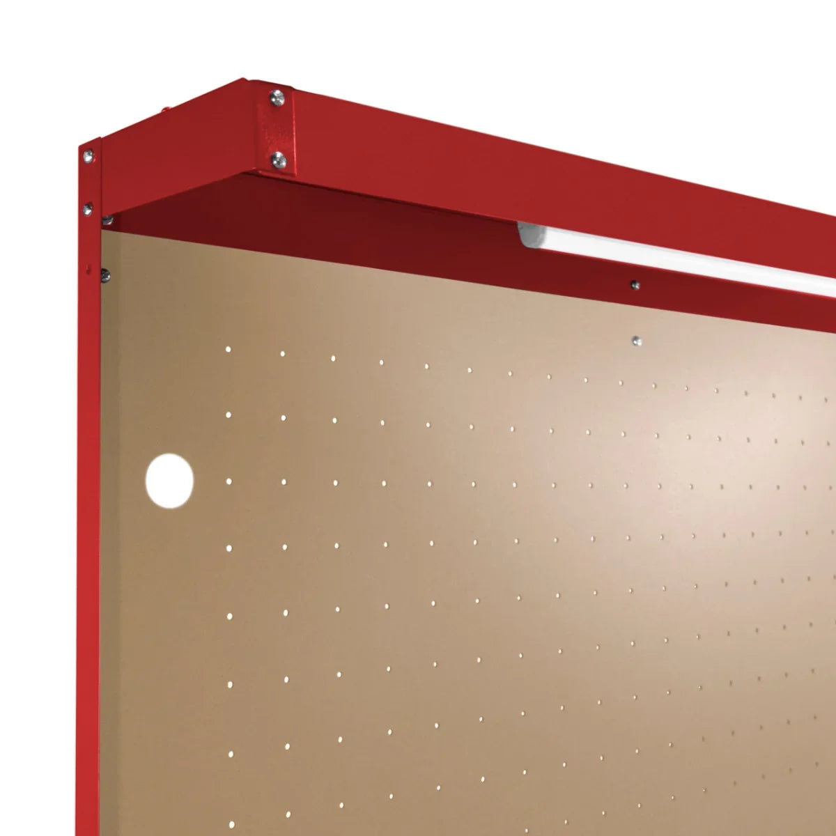Red workbench featuring a pegboard for tool organization, a built-in drawer for storage, and an overhead light for visibility