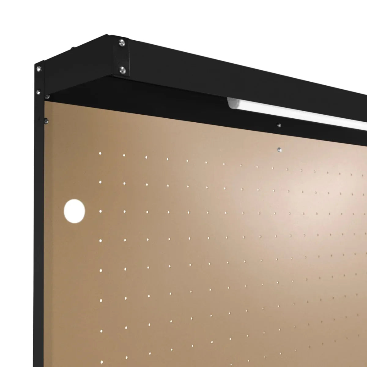 Black workbench with a pegboard, integrated light, and drawer, featuring a smooth surface and sturdy construction for organization