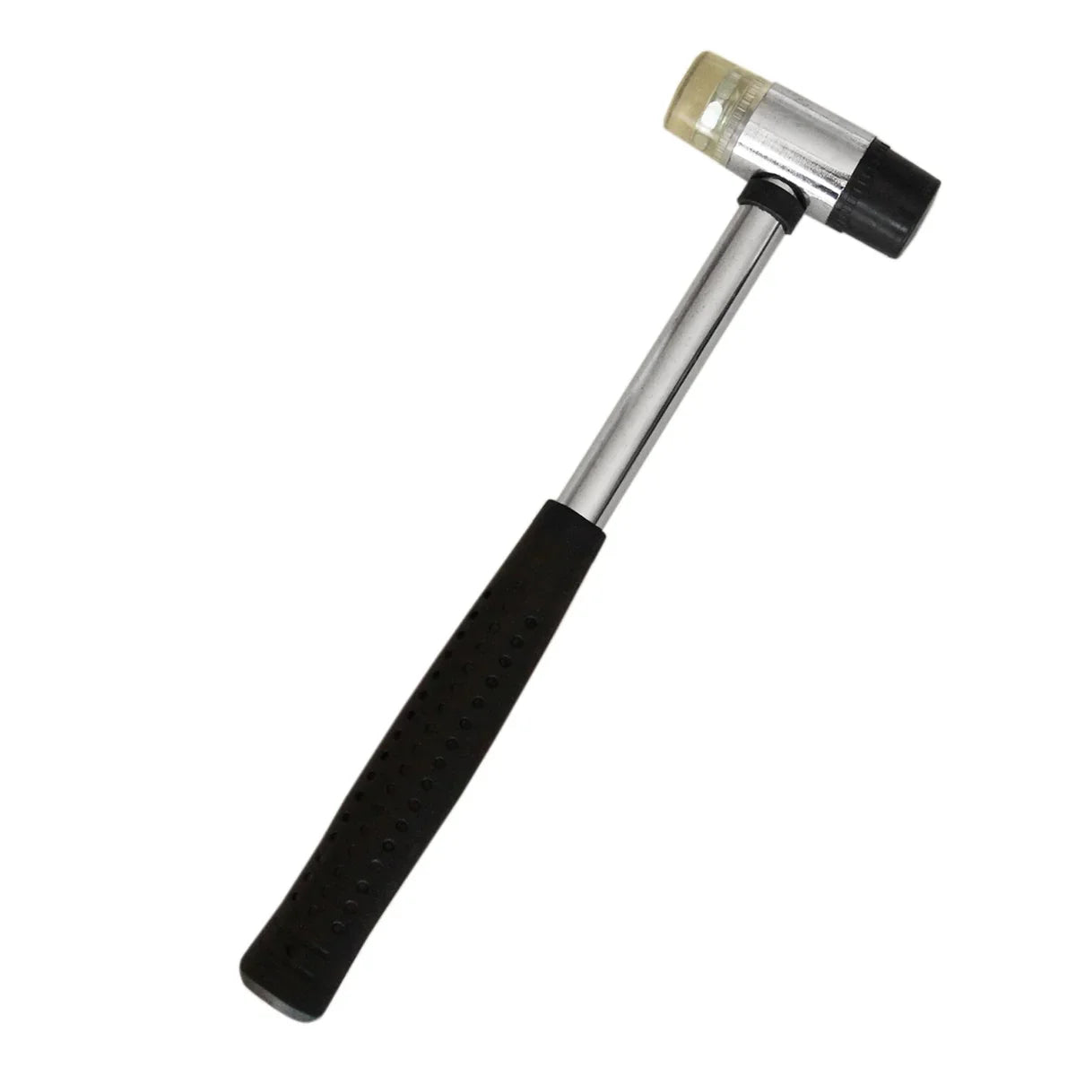 Heavy-duty rubber mallet with a sturdy metal handle, featuring a textured grip for comfort and control during use