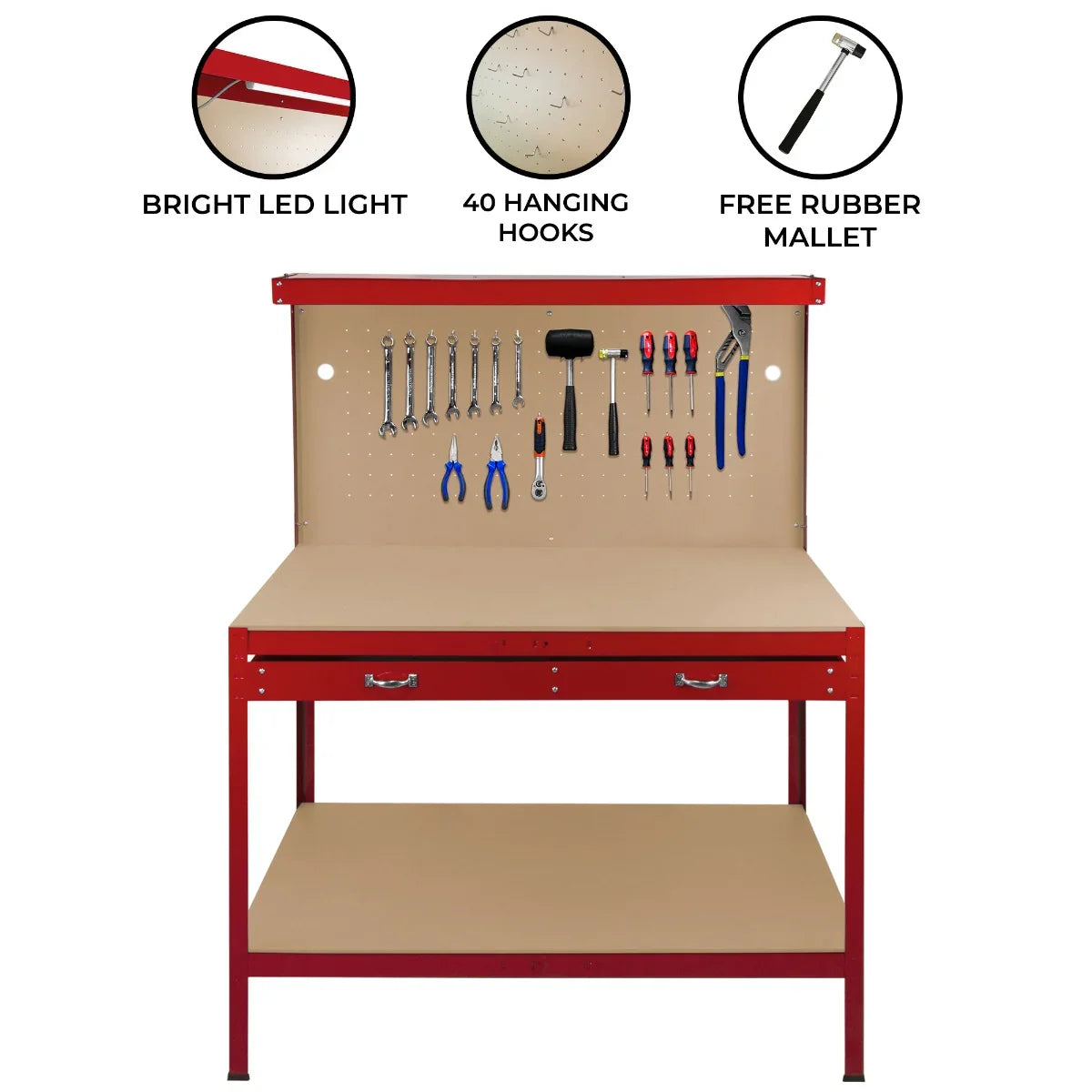 Red workbench featuring a pegboard with tools, a drawer for storage, a bright LED light, and a free rubber mallet included