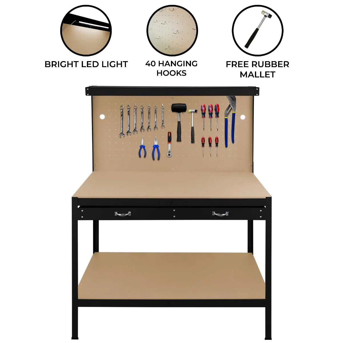 Black workbench featuring a pegboard with 40 hooks, a spacious drawer, and a bright LED light for optimal visibility