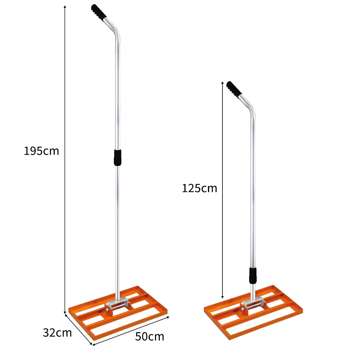 T-Mech Lawn Leveller in bright orange, featuring a sturdy 50cm wide base, adjustable height, and ergonomic handle for easy lawn leveling