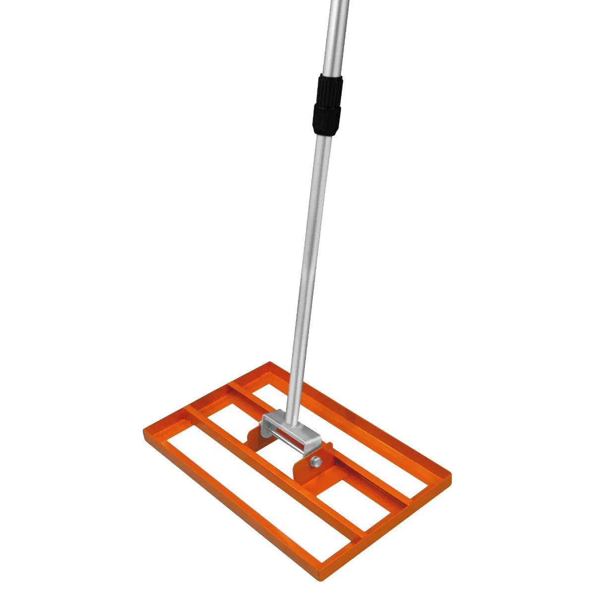 T-Mech Lawn Leveller 50cm features a sturdy orange metal frame with a textured leveling plate and adjustable aluminum handle for easy use
