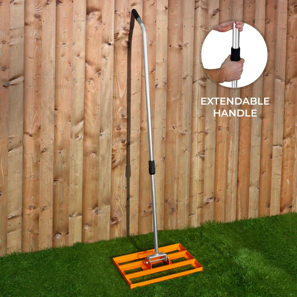 T-Mech Lawn Leveller 50cm in vibrant orange with a sturdy metal base and extendable handle, ideal for leveling soil and turf
