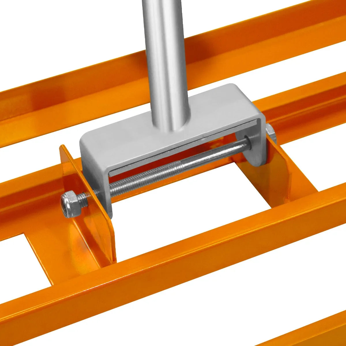 T-Mech Lawn Leveller 100cm in vibrant orange with a sturdy metal frame, featuring a central adjustment screw for leveling soil