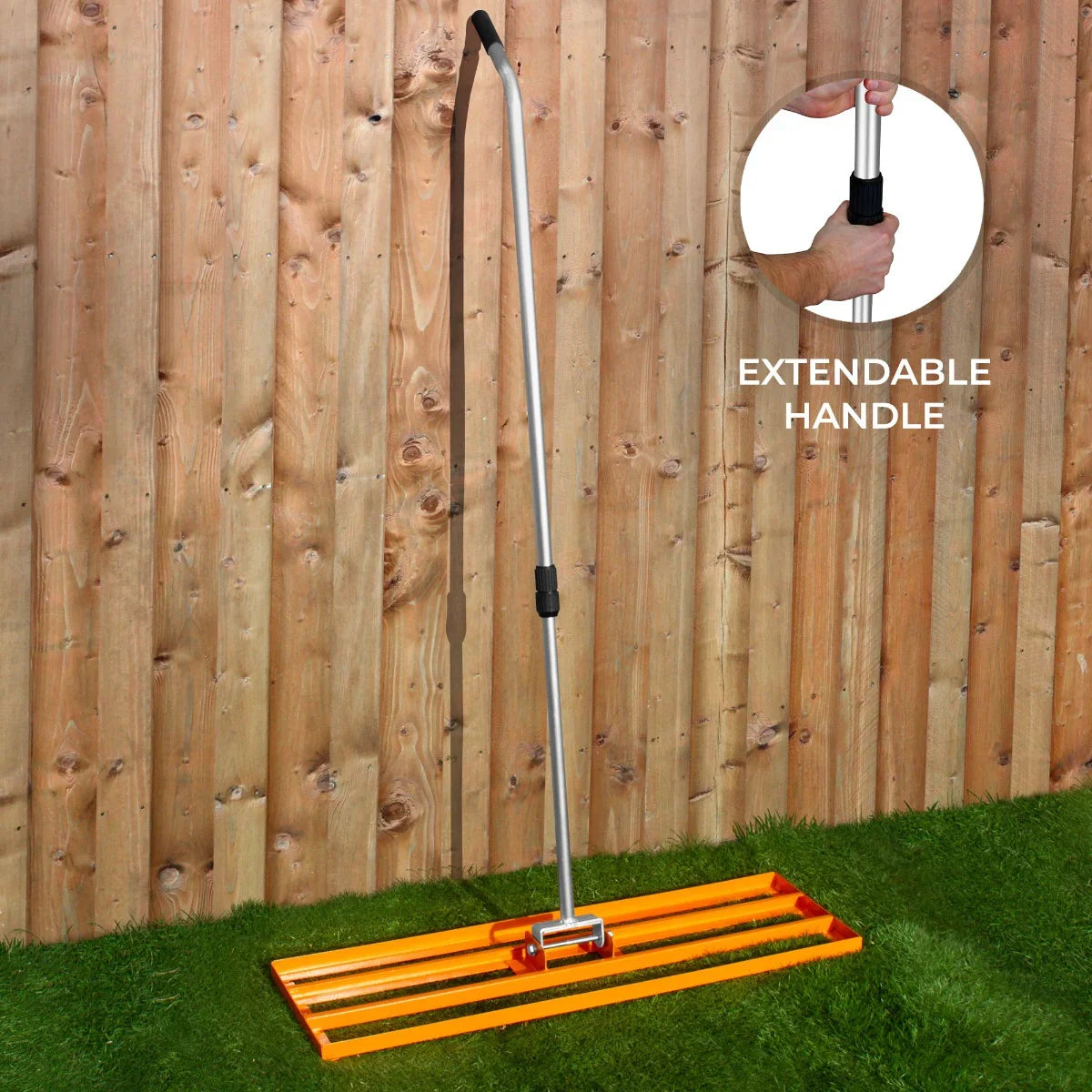 T-Mech Lawn Leveller 100cm in bright orange with a sturdy metal frame and an extendable handle for easy lawn leveling