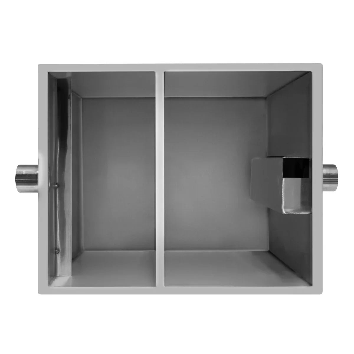Stainless steel KuKoo grease trap with two compartments, featuring a smooth finish and sturdy side handle for easy installation