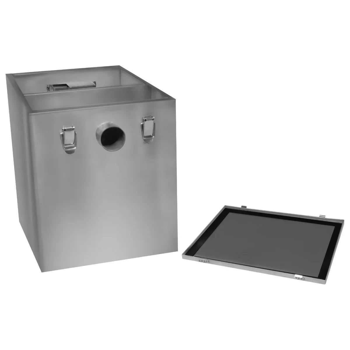 Stainless steel 35-litre KuKoo grease trap with a removable lid, featuring a sleek, rectangular design and durable construction