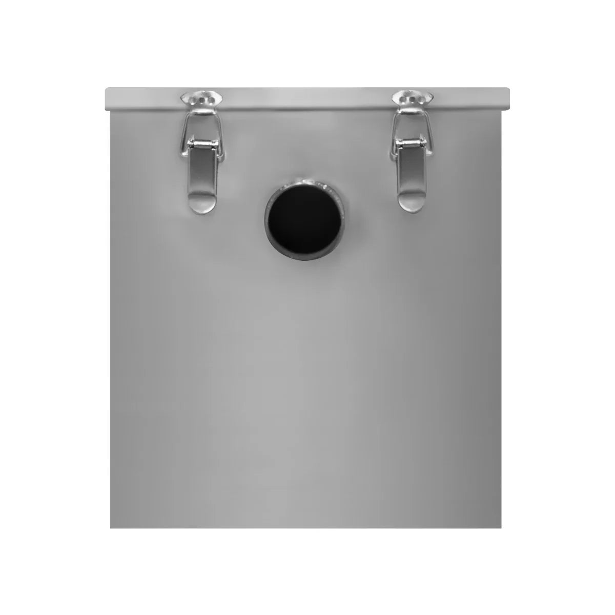 Stainless steel KuKoo grease trap with a 35-litre capacity, featuring secure clamps and a central outlet for efficient drainage