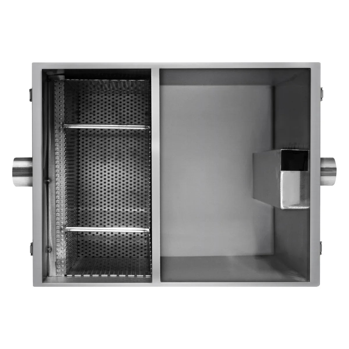 KuKoo 35-litre grease trap with stainless steel construction, featuring a divided interior and perforated basket for efficient grease separation