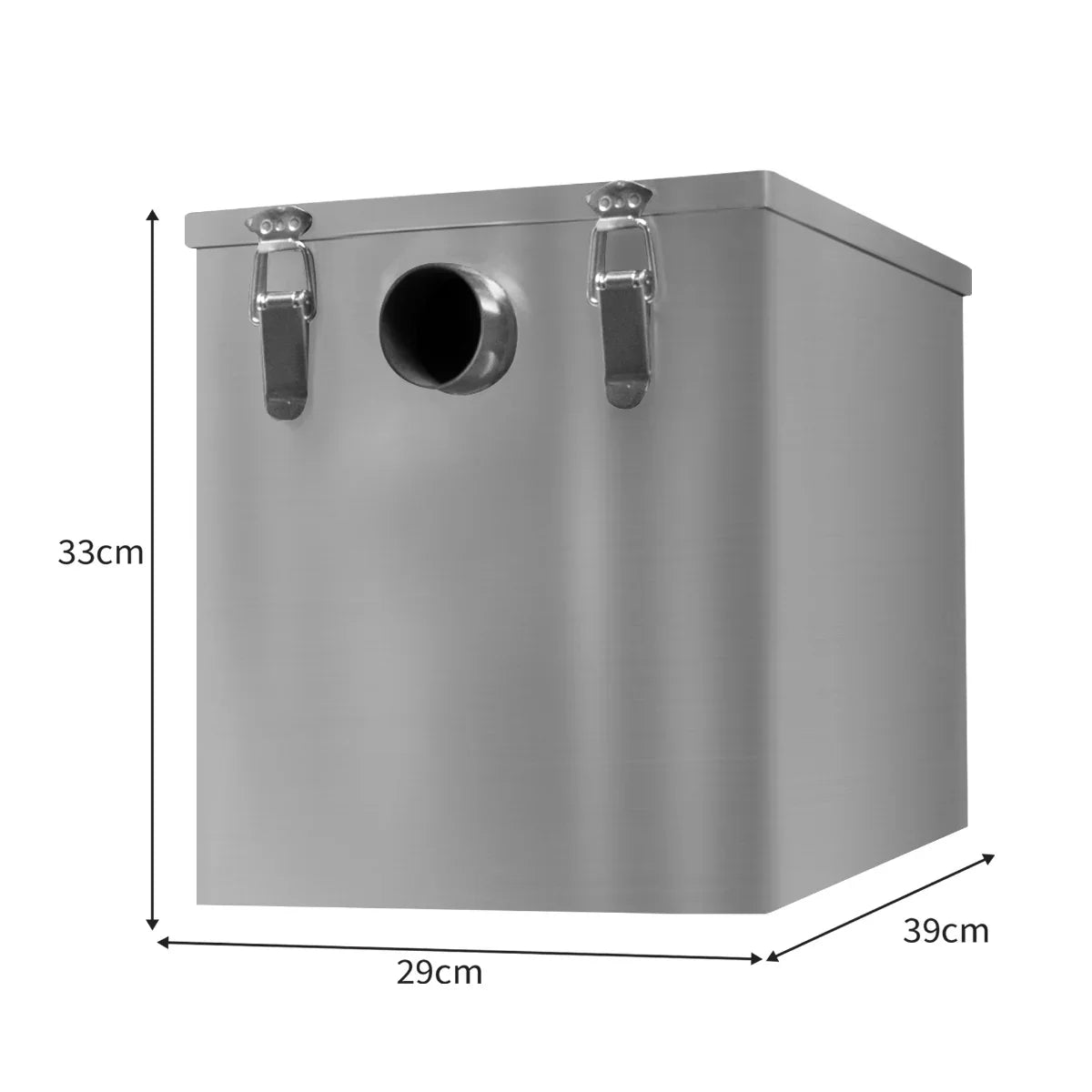 Stainless steel 35-litre grease trap with a sleek design, featuring a round outlet and secure locking clamps for easy installation