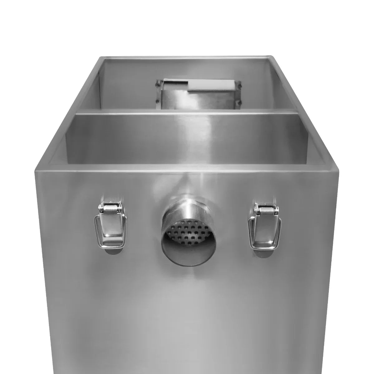 Stainless steel 35-litre KuKoo grease trap with dual compartments and a perforated outlet for efficient waste separation