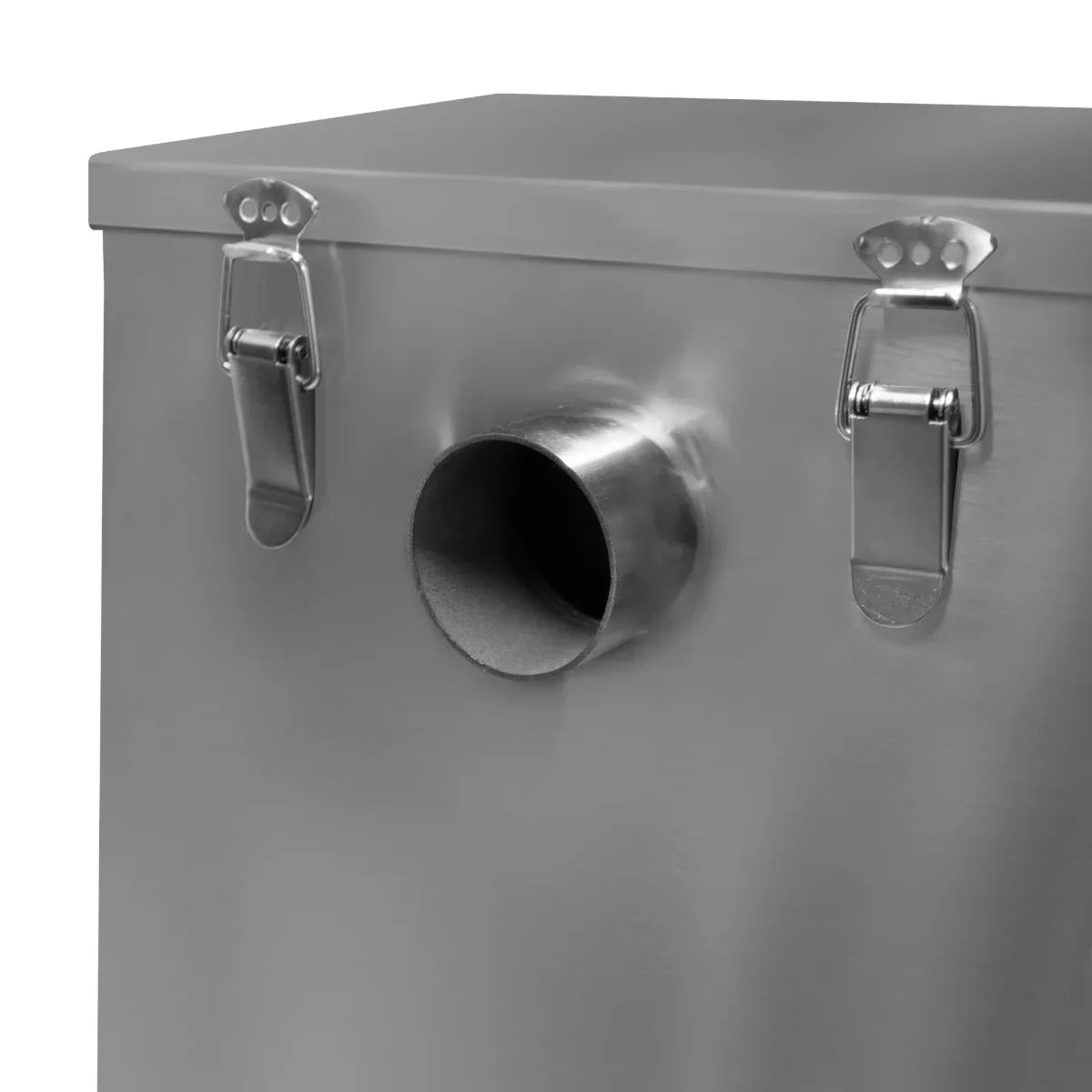 Stainless steel KuKoo grease trap with a 35-litre capacity, featuring a round outlet pipe and secure metal latches for easy access