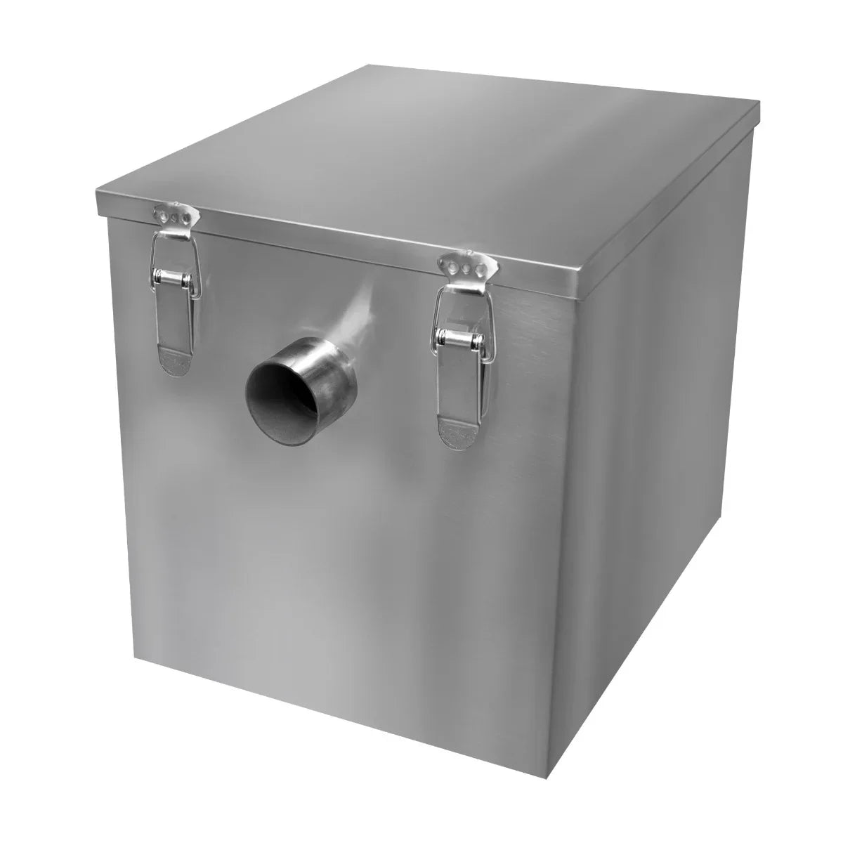 Stainless steel KuKoo grease trap with a 35-litre capacity, featuring a square shape, secure latches, and a central outlet pipe