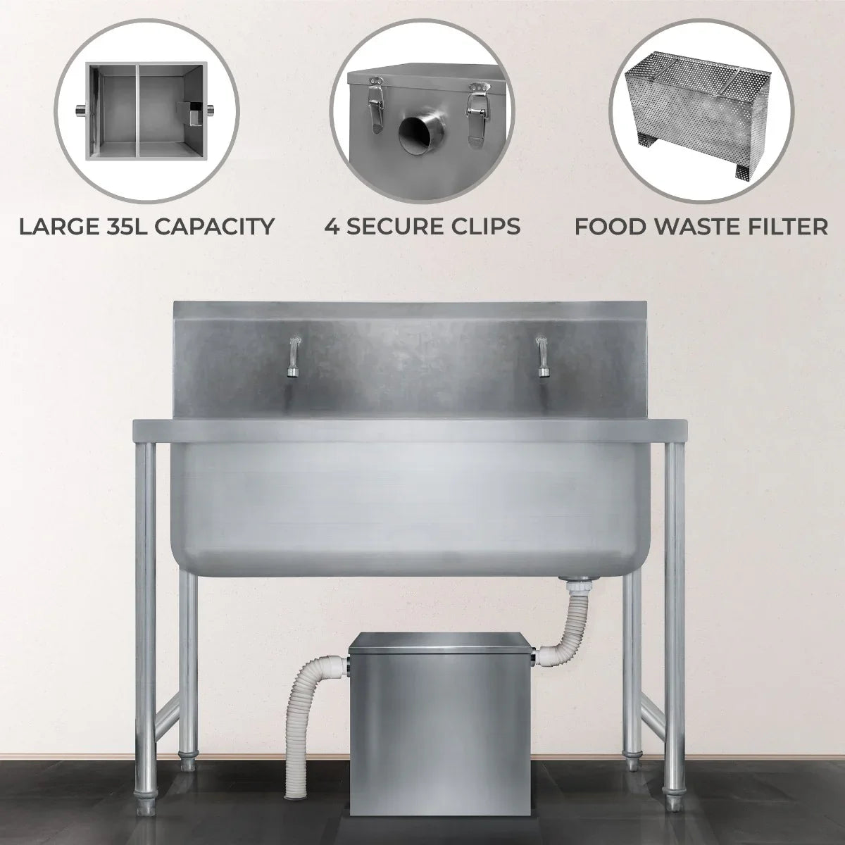 Stainless steel KuKoo grease trap with 35-litre capacity, featuring secure clips, food waste filter, and drainage system