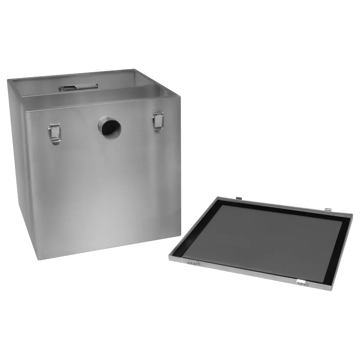 Stainless steel 60-litre KuKoo grease trap with a removable lid, featuring a sleek, square design and durable construction