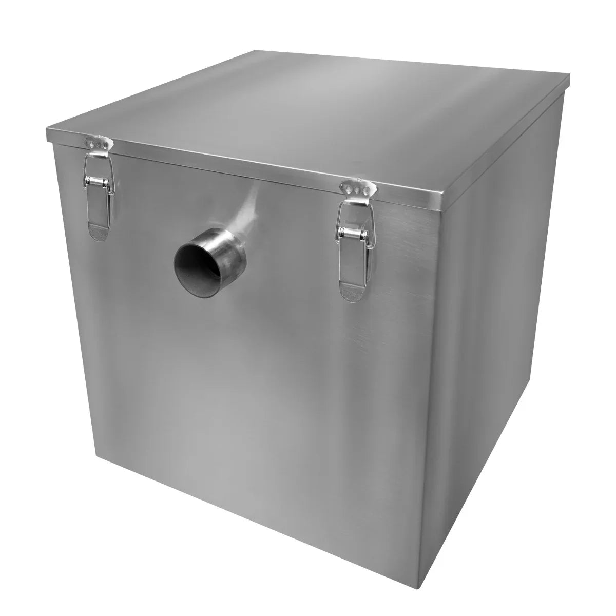 KuKoo 60-litre grease trap in stainless steel, featuring a square design, secure latches, and a side outlet pipe for efficient drainage