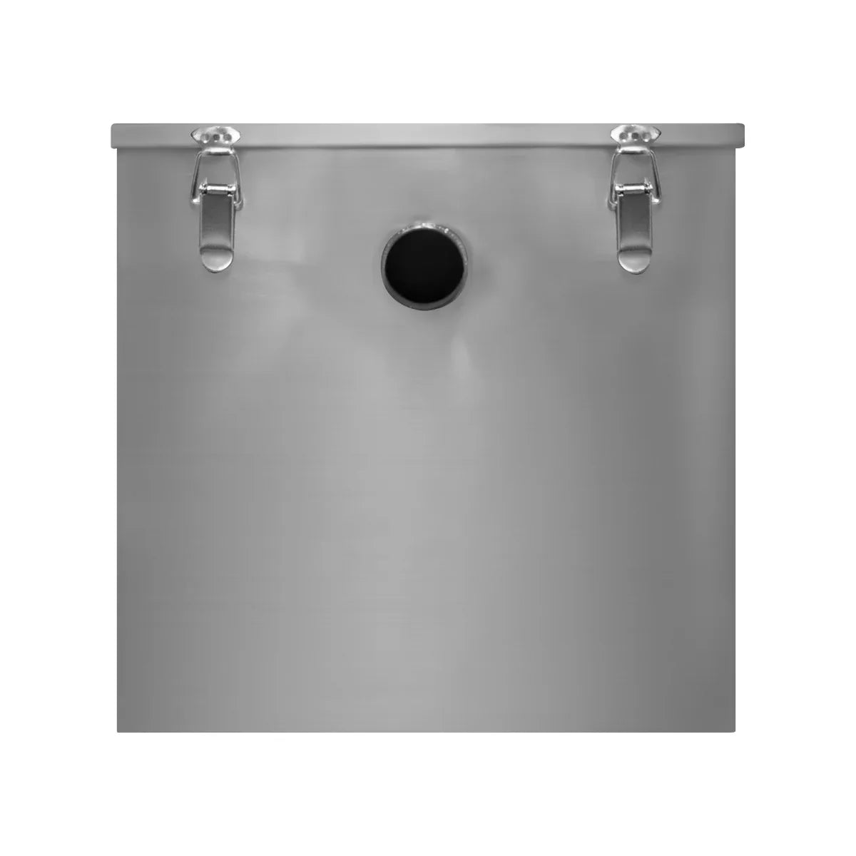 Stainless steel KuKoo grease trap with a sleek, brushed finish, featuring a central outlet and secure locking clamps for easy installation
