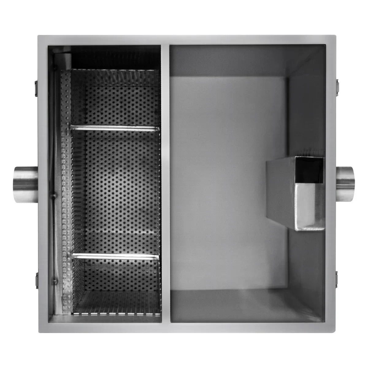 KuKoo 60-litre grease trap featuring stainless steel construction, divided compartments, and perforated basket for efficient grease separation