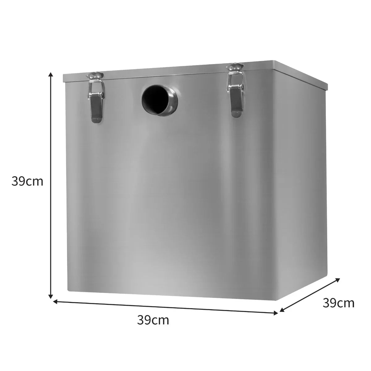 KuKoo 60-litre grease trap in stainless steel, square shape with a smooth finish, featuring a side outlet and secure latch closures