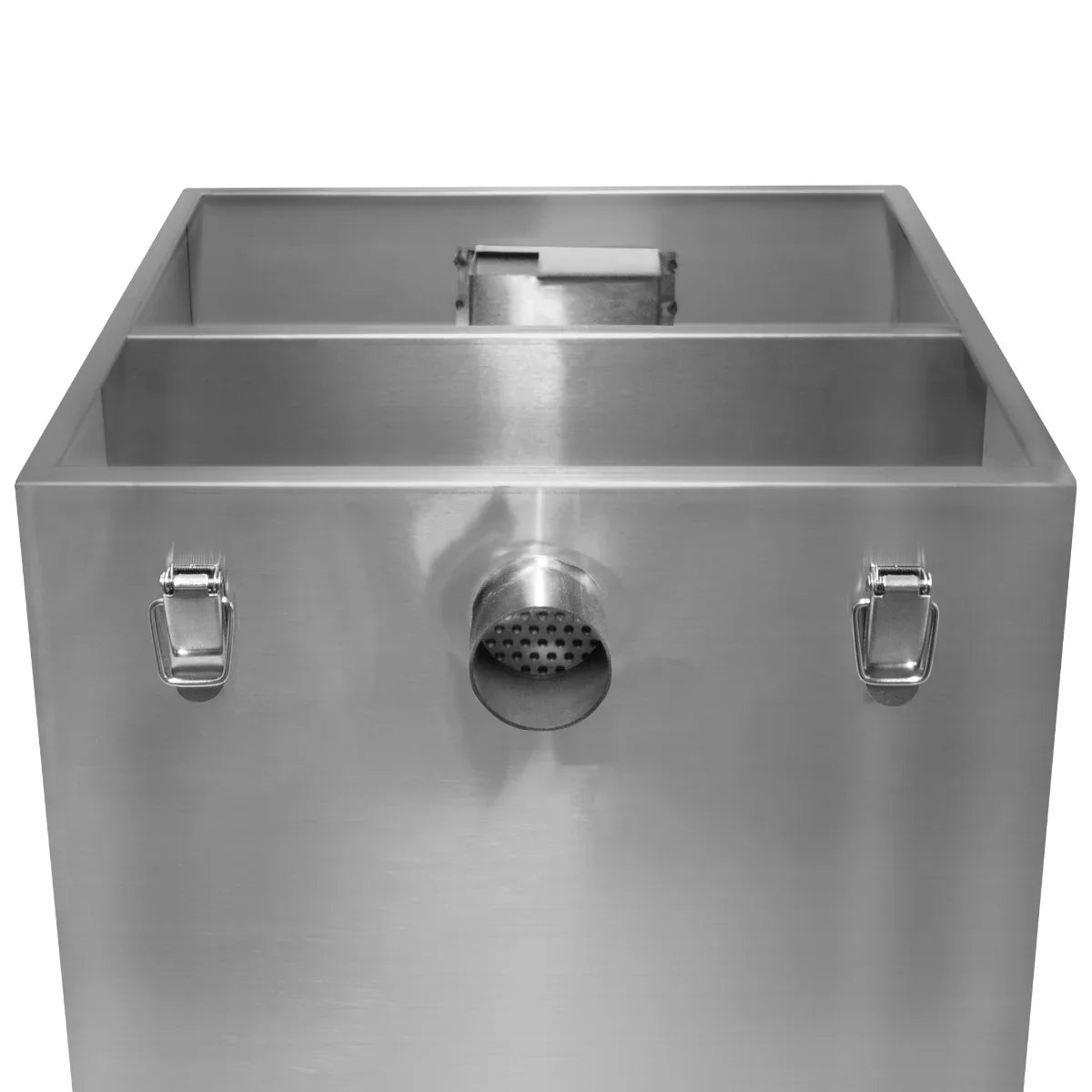 Stainless steel KuKoo grease trap with dual compartments, featuring a mesh filter and sturdy handles for easy transport and maintenance