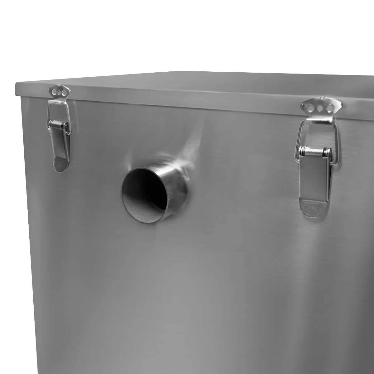 Stainless steel KuKoo grease trap with a polished finish, featuring a secure lid and a drainage outlet for efficient waste management