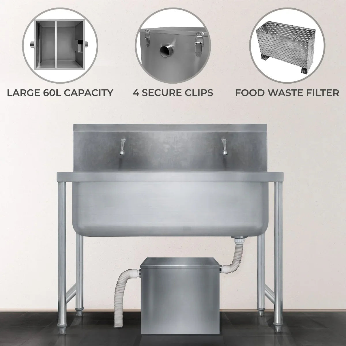 KuKoo 60-litre grease trap with stainless steel finish, featuring secure clips, food waste filter, and large capacity design