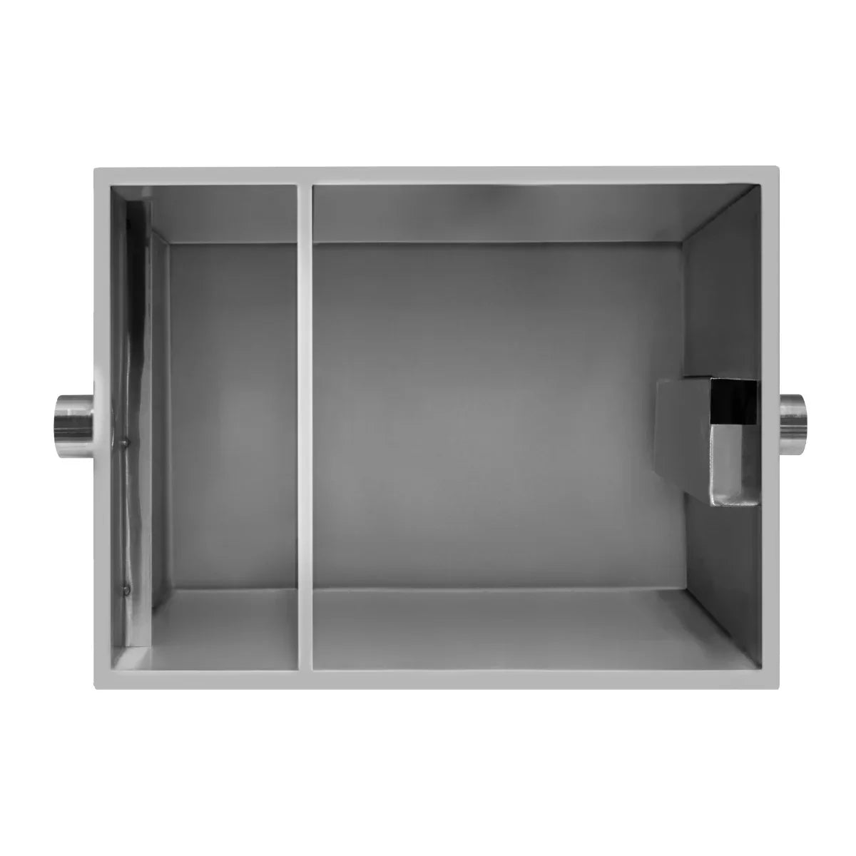 Stainless steel KuKoo grease trap with two compartments, designed for efficient grease separation, featuring smooth surfaces and a sleek finish