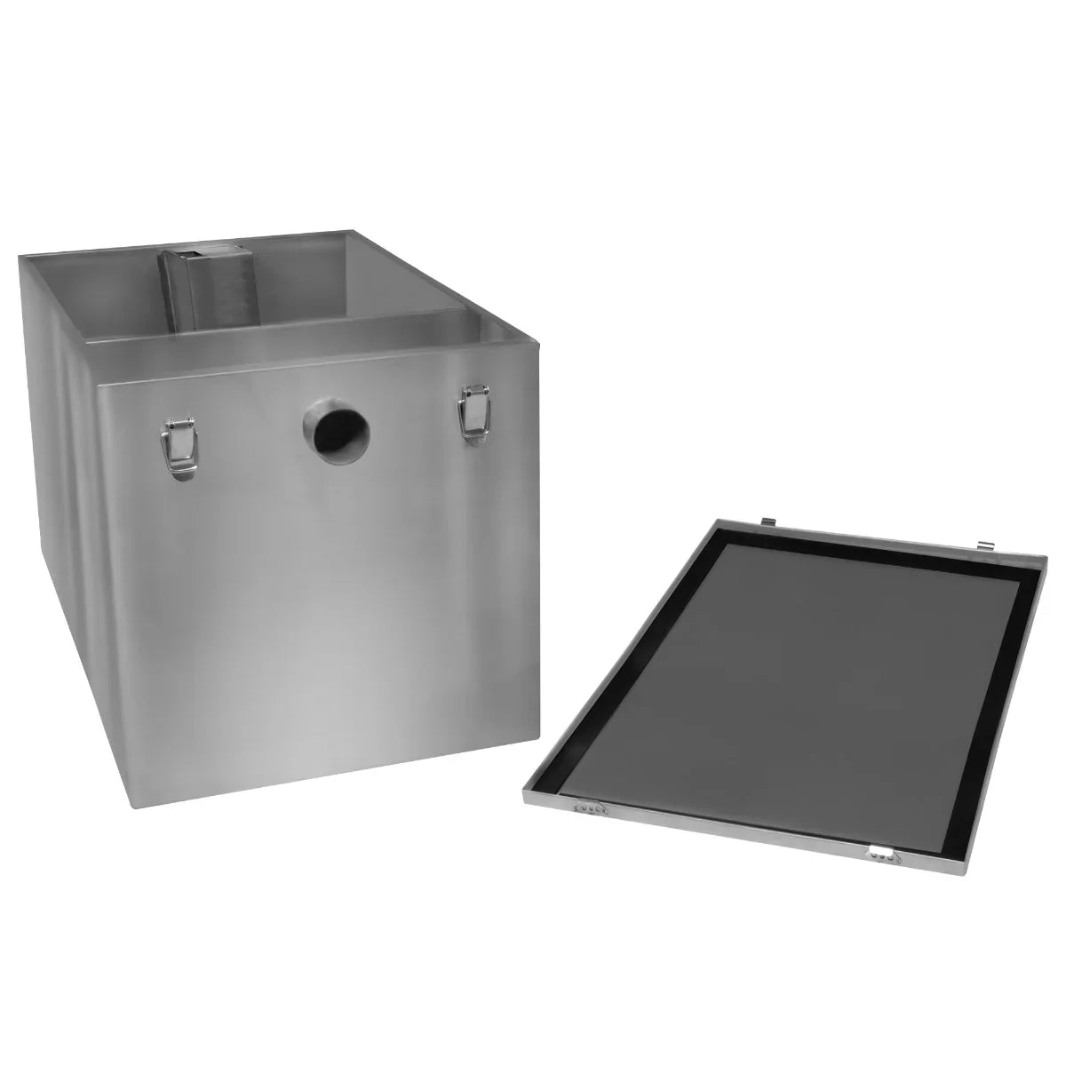 Stainless steel 120-litre KuKoo grease trap with removable lid, featuring a smooth surface and sturdy construction for efficient waste management