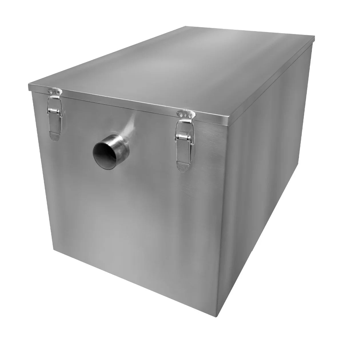 KuKoo 120-litre grease trap in stainless steel, featuring a sleek rectangular design with secure latches and a drainage outlet