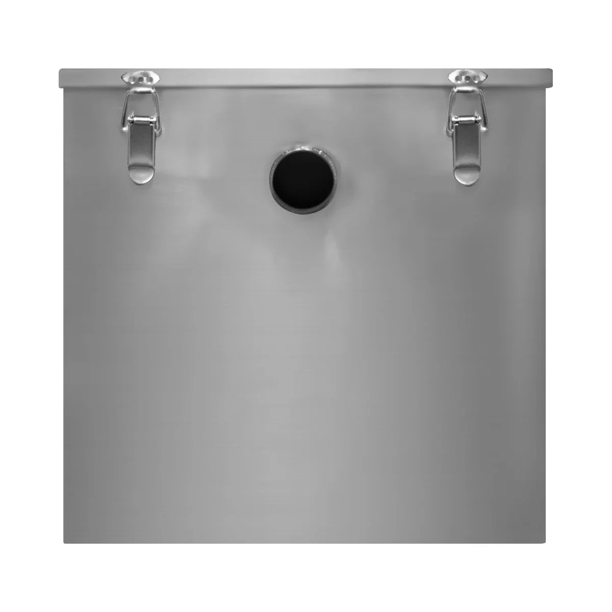 Stainless steel KuKoo grease trap with a sleek, polished finish, featuring dual clamps and a central outlet for efficient drainage