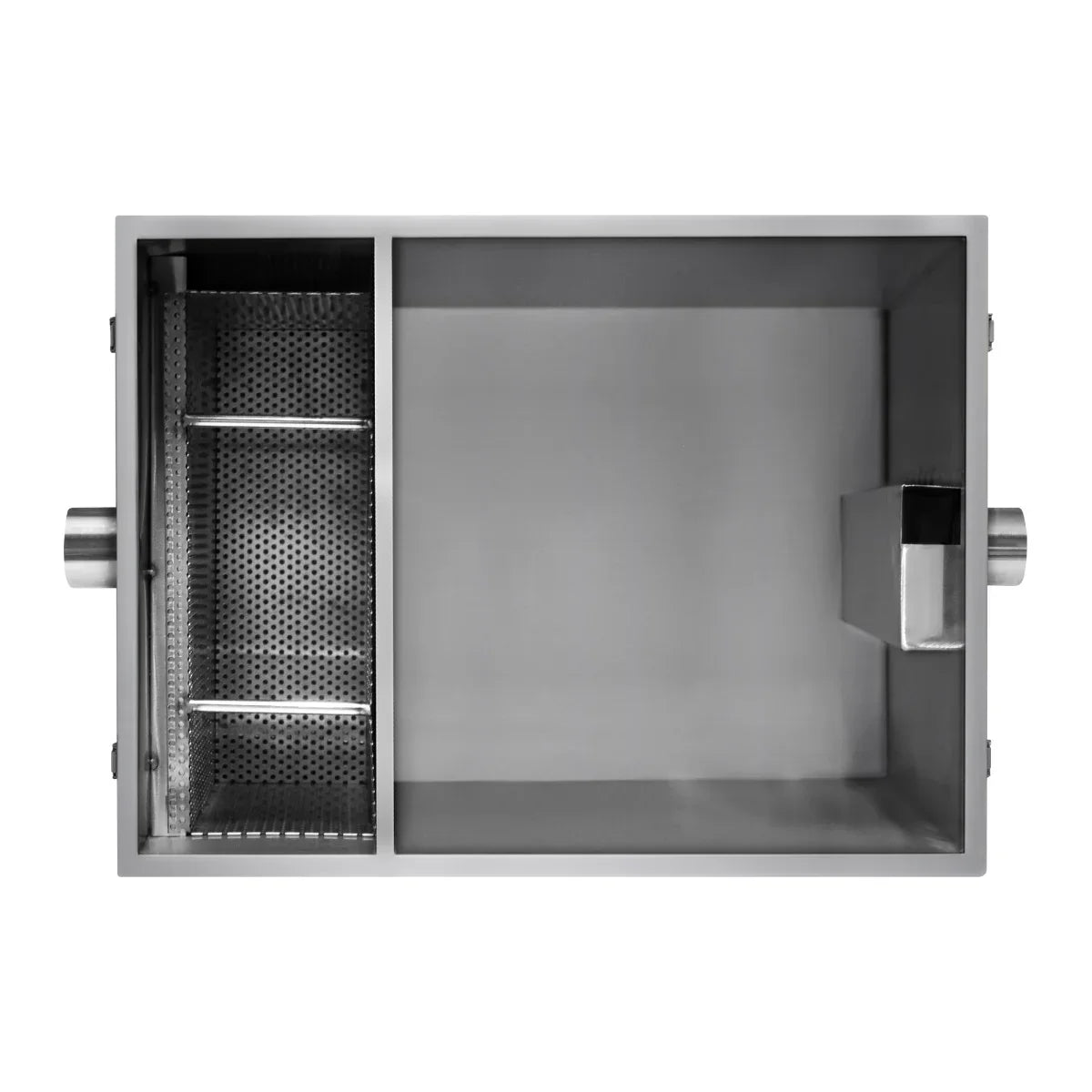 KuKoo 120-litre grease trap with stainless steel construction, featuring a divided chamber and perforated basket for efficient grease separation