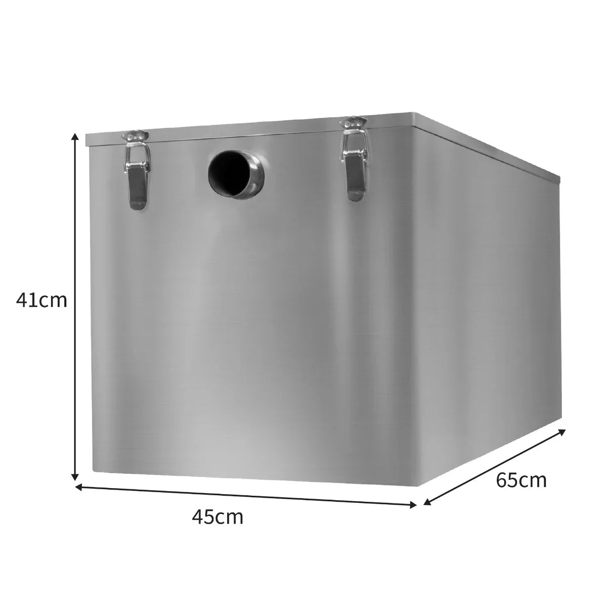 Stainless steel KuKoo grease trap, 120 litres, with dimensions 65cm x 45cm x 41cm, featuring a sleek, durable design and secure clamps